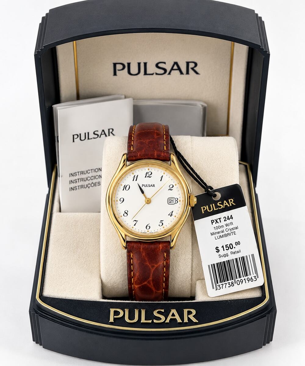 Vintage Pulsar PXT244 Gold Tone Watch Brown Leather Box Tags
